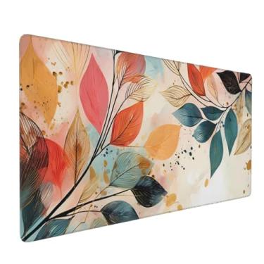 Imagem de 90 x 40 cm, mouse pad grande KOBWOPI XXL para mesa, mouse pad estendido para computador, escritório, mouse pad grande com bordas costuradas, folhas boho para jogos