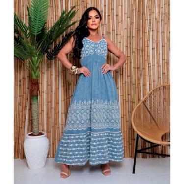 Imagem de Vestido Longo Indiano boho Chic Tipo Jeans Bordados e Botões - Sarat M