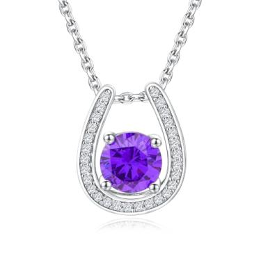 Imagem de CAIDIKA Colar de prata esterlina com pingente de ferradura para mulheres, pingente de boa sorte, joia para aniversário, casamento (com caixa de presente), Prata esterlina, Ametista sintética