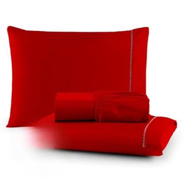 Imagem de Jogo de Cama Casal 400 Fios - Lençol com Elástico e Fronha Envelope, Conforto e Sofisticação(Vermelho,Solteiro 2 peças)