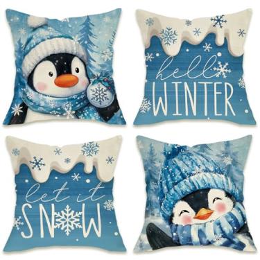 Imagem de Fahrendom Hello Winter Pinguim Blue Capas de almofada decorativas 45,7 x 45,7 cm Conjunto de 4, Let It Snow Floco de neve Varanda Pátio Fronhas Externas Bola de Natal Sofá Almofada Decoração de Casa
