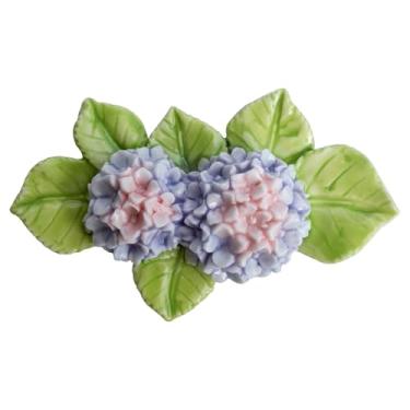 Imagem de Ímã de geladeira de hortênsia roxa roxa 3D de cerâmica 3D, ímã de geladeira decorativo com flores de hortênsia com folhas verdes (roxo, flor dupla)