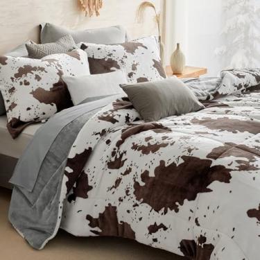 Imagem de Petrichor Conjunto de edredom solteiro de flanela de veludo, estampa de vaca, estilo ocidental, conjunto de cama pesada, luxuosa, felpudo, 2 peças com edredom (172,7 cm x 223,5 cm) e 1 fronha (51 cm x