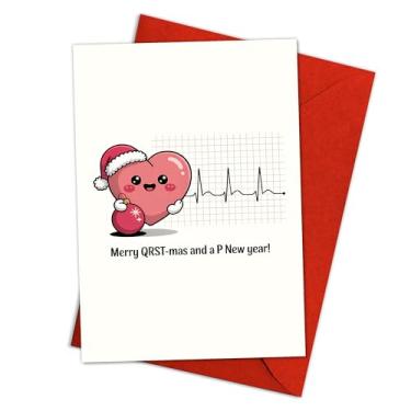 Imagem de Podagree Cartão de Natal médico engraçado para cardiologistas, Merry QRST-mas and a P New Year ECG Heart Design – 20 x 13 cm com envelope