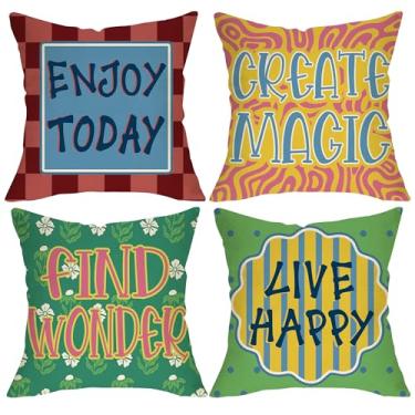 Imagem de Fjfz Conjunto de 4 capas de almofada decorativas com citação inspiradora, 45,7 x 45,7 cm, motivacional, viva, feliz, crie magia, aproveite hoje, encontre maravilha, decoração de casa, estampa floral