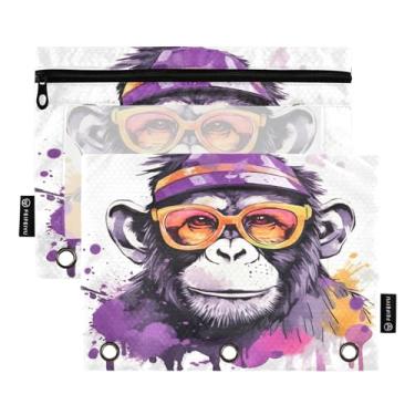 Imagem de Wassud Bolsa de lápis para fichário de 3 anéis, bolsa de lápis transparente com zíper suave violeta macaco óculos de sol estojo para fichário, pacote com 2