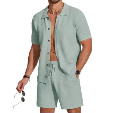 Imagem de COOFANDY Conjunto masculino de 2 peças, casual, abotoado, camisa e shorts, conjunto polo de malha vintage para verão e praia, Verde gelo, XXG