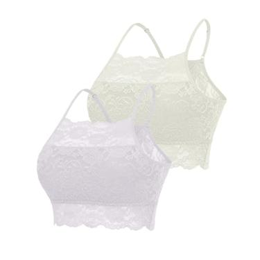 Imagem de Avidlove 2 peças Bralettes de renda sem fio costas nadador blusa cropped de camada dupla, Branco e bege, GG