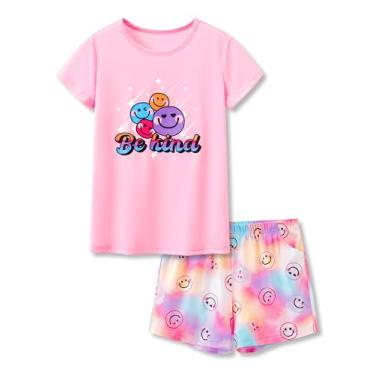Imagem de Tebbis Tween Roupas para meninas pijama espiral Tie Dye 2 peças camisa e shorts conjunto pijama pijama tamanho 6-18, Rosto tingido rosa, 6