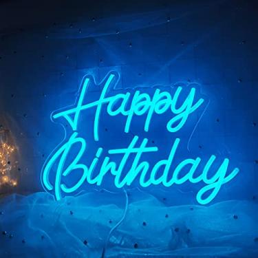 Imagem de Happy Birthday Neon Sign pode ser reutilizado com decorações de festa de aniversário, gelo azul LED operado USB para o quarto 5V, 16,5 "* 11" parede de fundo da festa