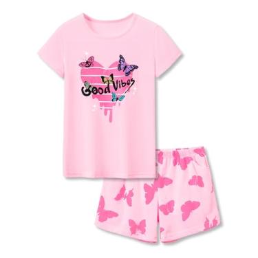 Imagem de Tebbis Pijama feminino de algodão confortável pijama listrado verão curto tamanho 6-16, Borboleta rosa, 8