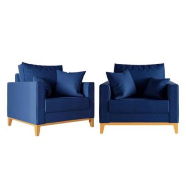 Imagem de Kit 2 Poltronas Beny 80cm Base de Madeira Linho - Passoni Decor, Azul 