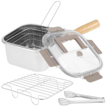 Imagem de Frigideira de aço inoxidável com cesta e alça Frigideira quadrada portátil com tampa Fritadeira multifuncional para peixe, frango e batatas fritas (prata, conjunto 2)