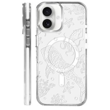 Imagem de OKBUOK Capa para iPhone 16 Plus [compatível com Magsafe], capa magnética transparente de silicone à prova de choque com padrão branco tubarão baleia do oceano