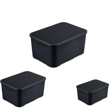 Imagem de Kit 3 Caixas Rattan Preta 7,15 e 20 Litros C/ Tampa -Arqplast