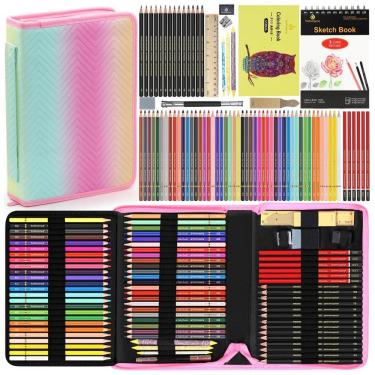 Imagem de Kit de desenho 80 peças Heshengping com 48 lápis de cor, lápis grafite, carvão, sketchbook 3 cores, livro para colorir e estojo