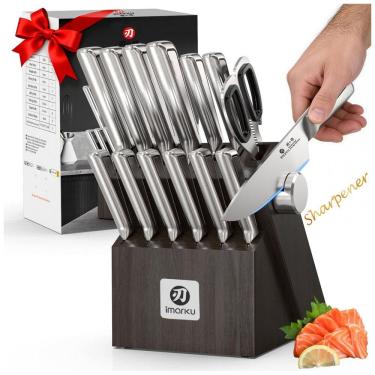 Imagem de Conjunto de Facas de Cozinha imarku G14 14 Peças Cinza com Afiador Integrado e Bloco em Madeira