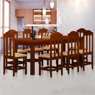 Imagem de Mesa De Jantar Com 8 Cadeiras Estofadas Madeira Maciça Safira Castanho Shop JM