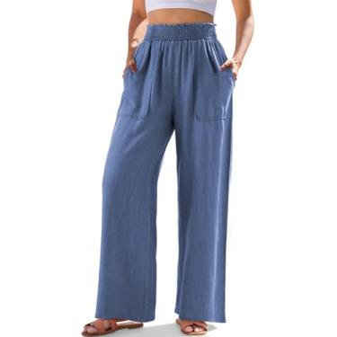 Imagem de Dokotoo Calça jeans feminina com babados e cintura alta com bolso inclinado reto tencel jeans primavera verão calça leve, Azul-celeste, GG
