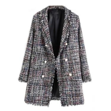 Imagem de Blazer feminino tweed casaco duffle coat tweed clássico vintage jaqueta de terno, Cinza, P