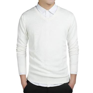 Imagem de Suéter de algodão masculino manga longa cardigã masculino gola V suéter solto sólido botão ajuste tricô estilo casual, Branco, Small