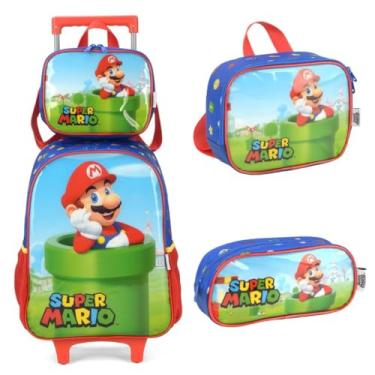 Imagem de Mochila Infantil Rodinhas Super Mario Com Lancheira e Estojo Azul