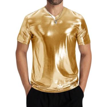 Imagem de Runcati Camisetas masculinas metálicas dos anos 70, manga curta, gola V, dourada, discoteca, clube, camisetas, Dourado, M