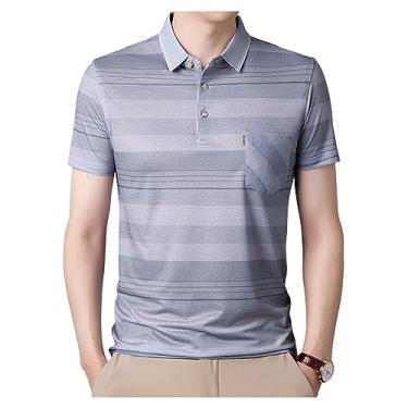 Imagem de Camisa polo masculina de cor sólida manga curta gola lapela fina listrada camiseta de negócios, Cinza-claro, 4G