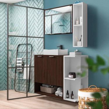 Imagem de Gabinete Armário Para Banheiro 70 cm Com Espelheira E Cuba Nogal Branco Isla Shop JM