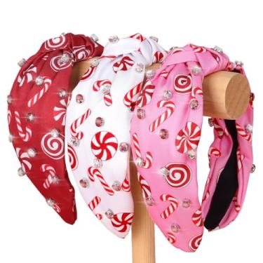 Imagem de CiyvoLyeen Christmas Candy Headband for Women Canes Ribbon Top Knotted with Jeweled Rhinestones Wide Hot Pink Red Peppermint Hair Bands Girls Hair Accessories White Elephant Gift Exchange Ideas 3PCS