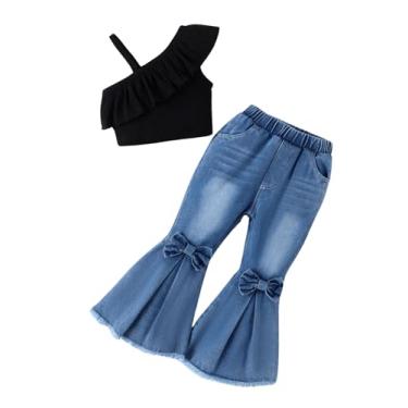 Imagem de Floerns Conjunto de duas peças para meninas, blusa de malha canelada com calça jeans flare, Preto, 7Y