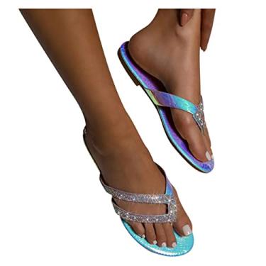 Imagem de Aniywn Sandálias femininas elegantes de verão com strass sandálias planas confortáveis chinelos de praia boho verão, E-multicolorido., 37