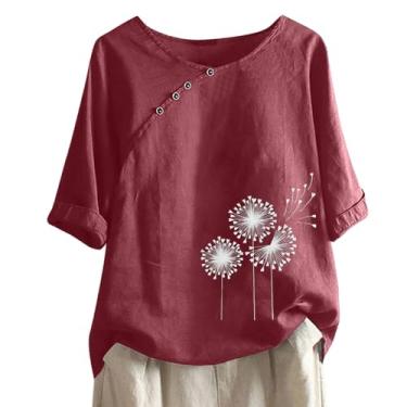 Imagem de Camisetas femininas de linho com estampa floral verão casual manga curta túnica gola redonda botão solto roupas para sair, Vermelho - B, G