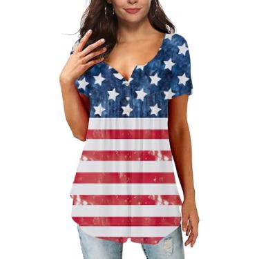 Imagem de Roshop Memorial Day Patriotic Blusa feminina plissada frente Henley gola V bandeira americana listra estrela, Bandeira-6, GG