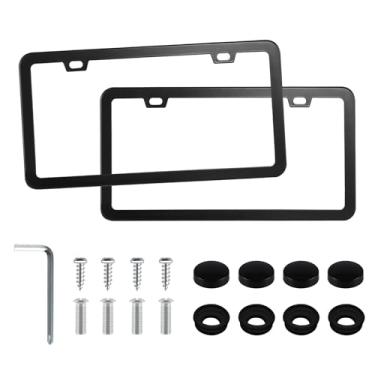 Imagem de Molduras de licença de alumínio preto LivTee, 2 peças de capas de placa de carro design fino com parafusos pretos para veículos dos EUALivTee preto LivTee-PLP-5050-1W