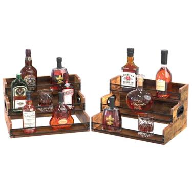 Imagem de Prateleira de exibição de garrafa de licor, organizador de xarope de café, 2 pacotes com 3 degraus, suporte para bebidas e bebidas, organizador de estação de café com cercas e alças, suporte de