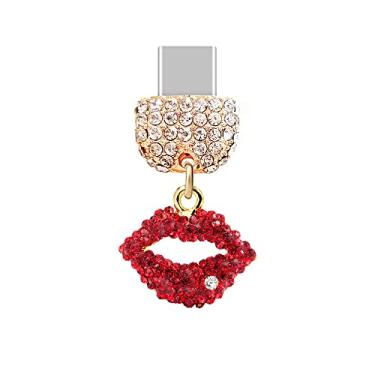 Imagem de ELISE & FONDA TP71 Tipo-C Porta de Carregamento USB Cristal Antipoeira Plugue Sexy Kiss Lip Celular Berloque para Samsung Galaxy/Huawei/OnePlus/Xiaomi/Oppo Novos Telefones Android (Vermelho), approx.