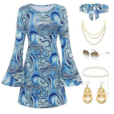Imagem de Coucoland Roupas femininas para discoteca dos anos 70 - vestido hippie dos anos 60, acessórios de festa, conjunto de óculos de sol, faixa de cabeça azul