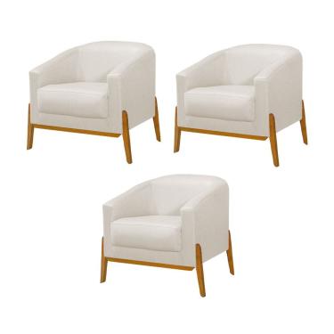 Imagem de Kit 3 Poltronas Living Base em Madeira Maciça Flórida Linho Crú