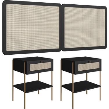 Imagem de Cabeceira Casal Queen 160cm E 2 Mesas Laterais 1 Gaveta Industrial Indy A03 Nero