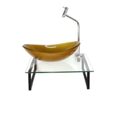 Imagem de Kit cuba de vidro oval 10mm dourado real com tampo 40cm incolor e supo