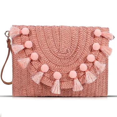 Imagem de QTKJ Bolsa transversal de palha para mulheres, bolsas de mão, bolsas de mão de tecido boêmio, bolsa de praia de verão com borlas, carteira envelope (rosa), rosa