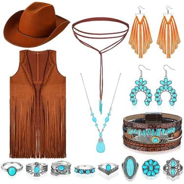 Imagem de Xtinmee 15 peças vaqueira ocidental anos 70 imitação de camurça franja sem mangas colete chapéu de cowboy turquesa conjunto de joias para mulheres, XX-Large, poliéster e elastano, conjuntos de joias