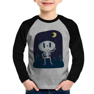 Imagem de Camiseta Raglan Infantil Esqueleto Manga Longa - Foca na Moda, Cinza, 