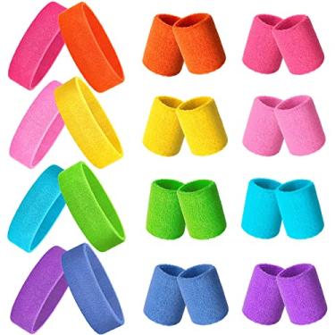 Imagem de Skylety Conjunto de 24 faixas de suor neon dos anos 80, faixas de transpiração para competições esportivas de Paris, 8 faixas de cabelo e 16 pulseiras elásticas, para festa masculina e mulher (cores