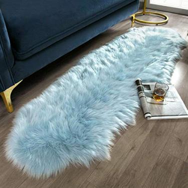 Imagem de Ashler Faux Fur, Tapete felpudo felpudo ultramacio de pele de carneiro de 6 x 1,8 m, tapete felpudo azul claro lavável na máquina, tapetes decorativos de berçário para quarto, quarto de crianças, sala de estar