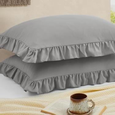 Imagem de Cobedzy Conjunto de 2 fronhas com babados, cinza escuro, padrão de microfibra escovada, borda de microfibra escovada, capa de almofada macia com fecho de envelope para decoração de cama (51 x 66 cm)