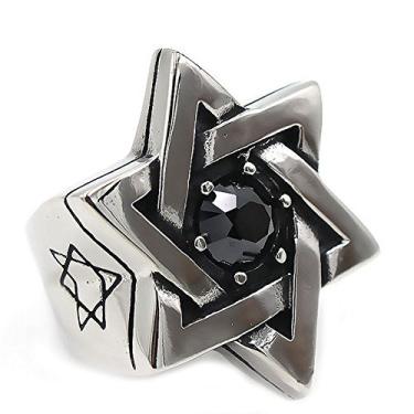 Imagem de JAJAFOOK Anel masculino de aço inoxidável de zircônia cúbica, estrela de Davi, prata preta, Metal
