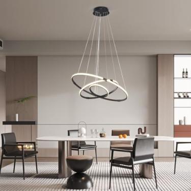 Imagem de Preto/Ouro/Cinza Minimalista Moderno Lustres Led com Controle Remoto Sala de jantar quarto Decoração lustre 3 cor de luz lustre pendente Lâmpada Luminária de cozinha (Preto, 3 anéis 60 40 20CM)