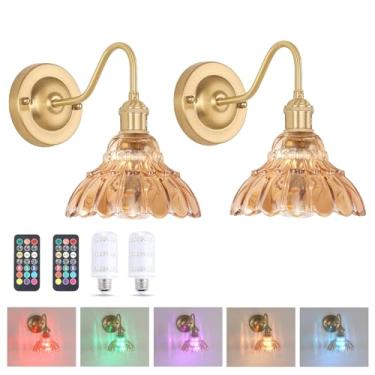 Imagem de Shenmoyl Conjunto De 2 Arandelas De Parede Operadas Por Bateria, Luzes De Parede Recarregáveis Vintage Com Cúpula De Vidro Âmbar, Luminária De Parede Interna Sem Fio Com Controle Remoto Para Quarto,